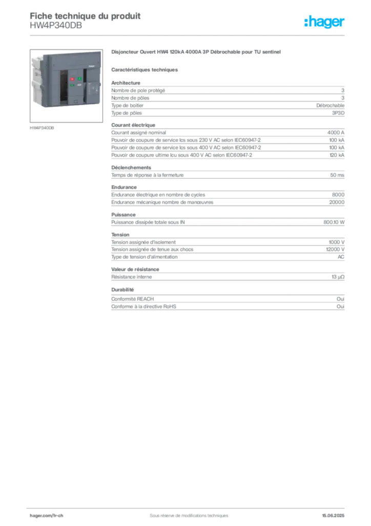 Image Hager Fiche technique du produit HW4P340DB | Hager Suisse