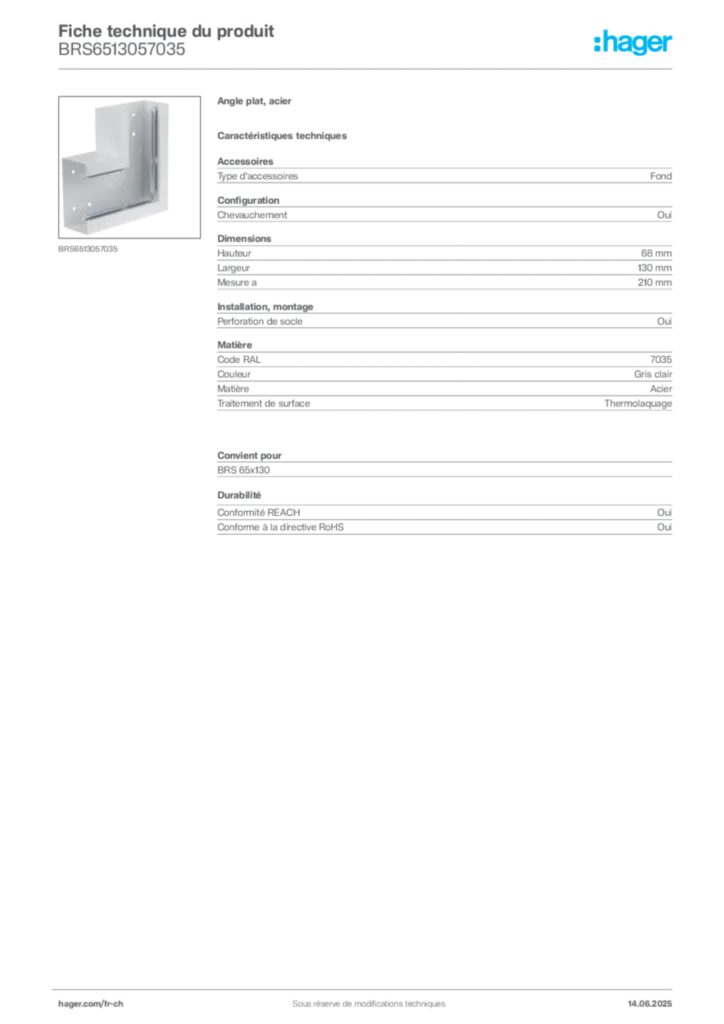 Image Hager Fiche technique du produit BRS6513057035 | Hager Suisse