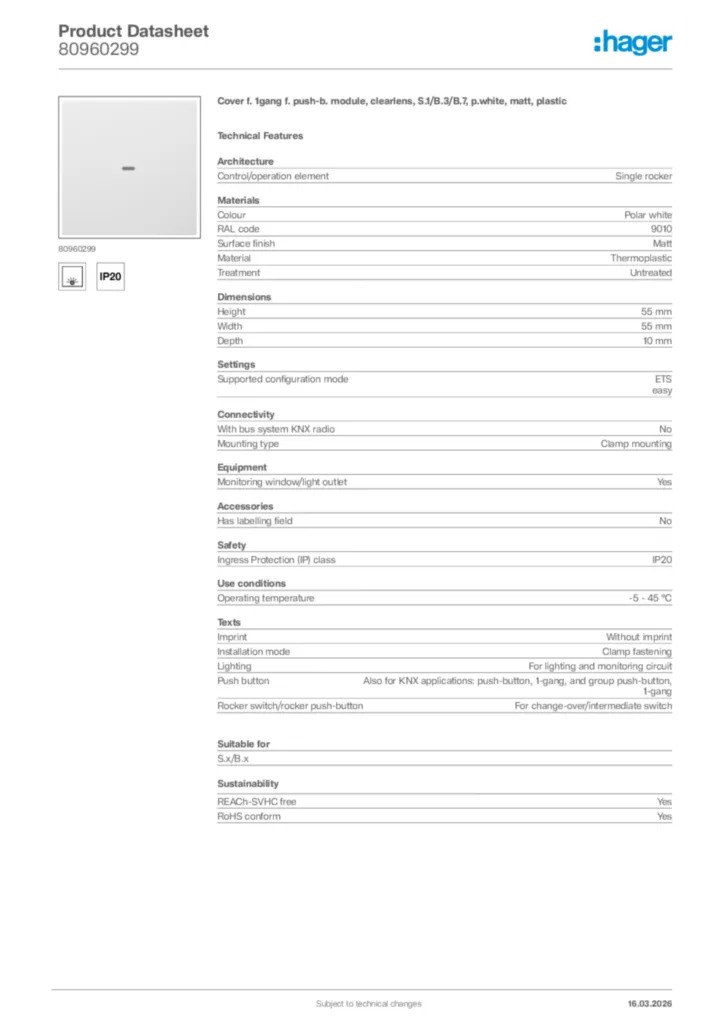Image Hager Product data sheet 80960299  | Hager Africa