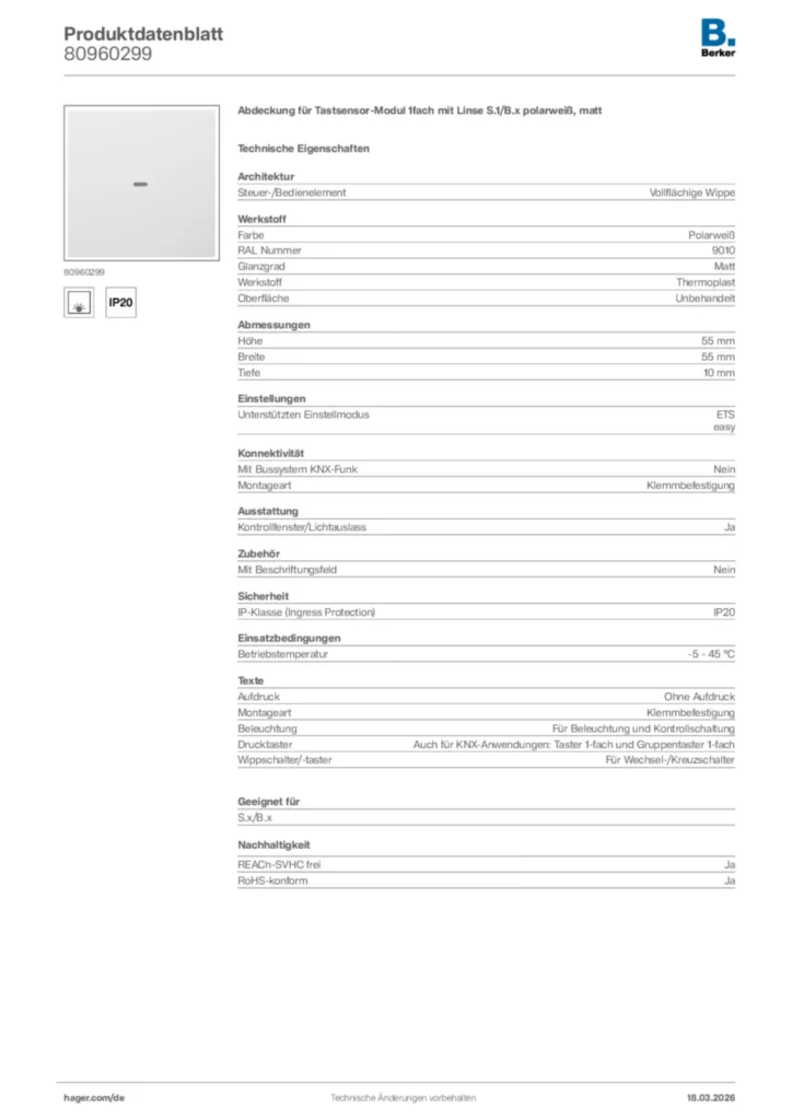 Bild Berker Produktdatenblatt 80960299 | Hager Deutschland