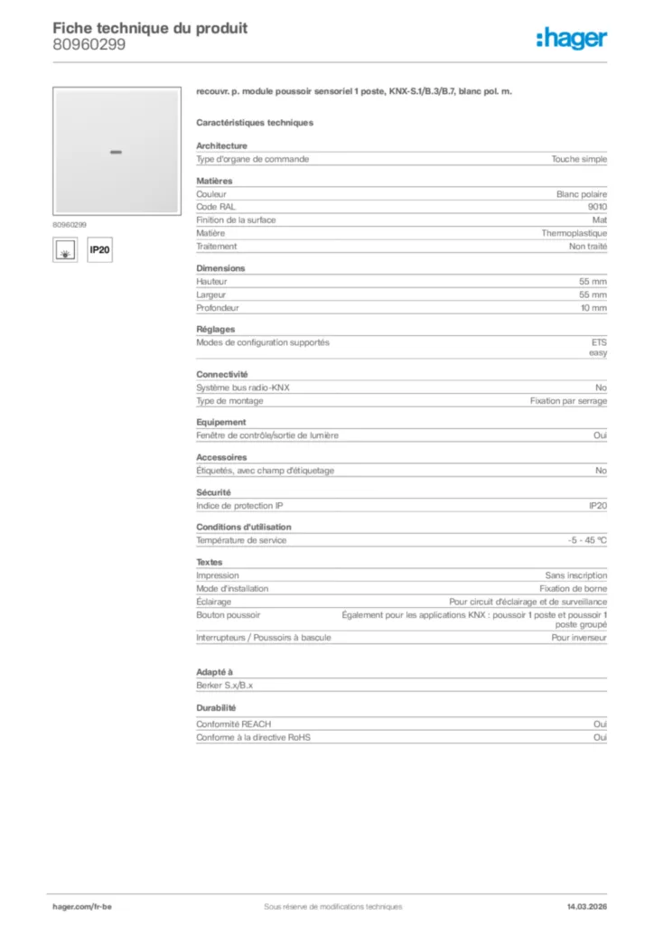 Image Hager Fiche technique du produit 80960299 | Hager Belgique