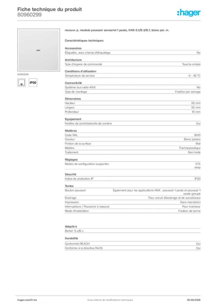 Image Hager Fiche technique du produit 80960299 | Hager Belgique