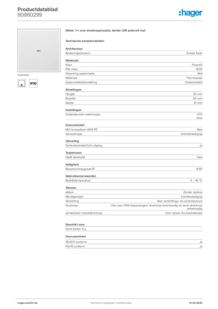 Afbeelding Hager Productdatablad 80960299 | Hager Belgium