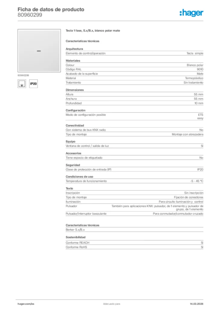 Imagen Hager Ficha de datos de producto 80960299 | Hager España