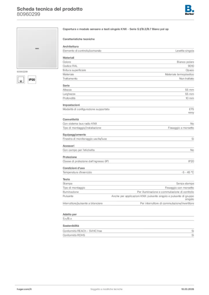 Immagine Berker Scheda tecnica del prodotto 80960299 | Hager Italia