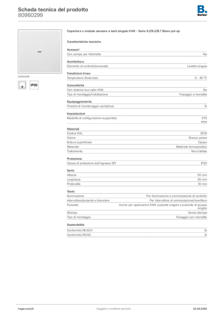 Immagine Berker Scheda tecnica del prodotto 80960299 | Hager Italia