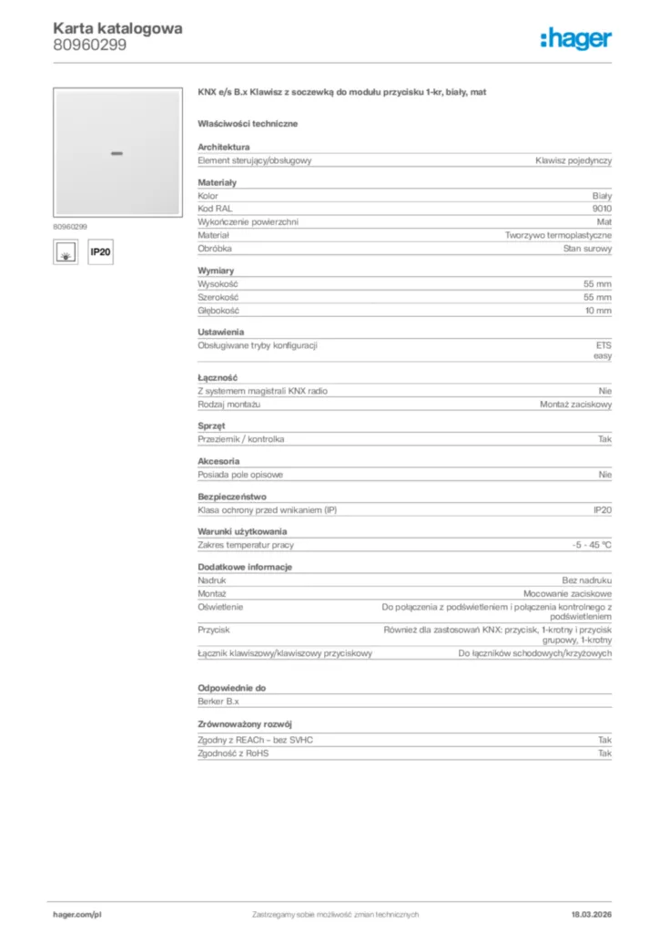 Zdjęcie Hager Karta katalogowa 80960299 | Hager Polska