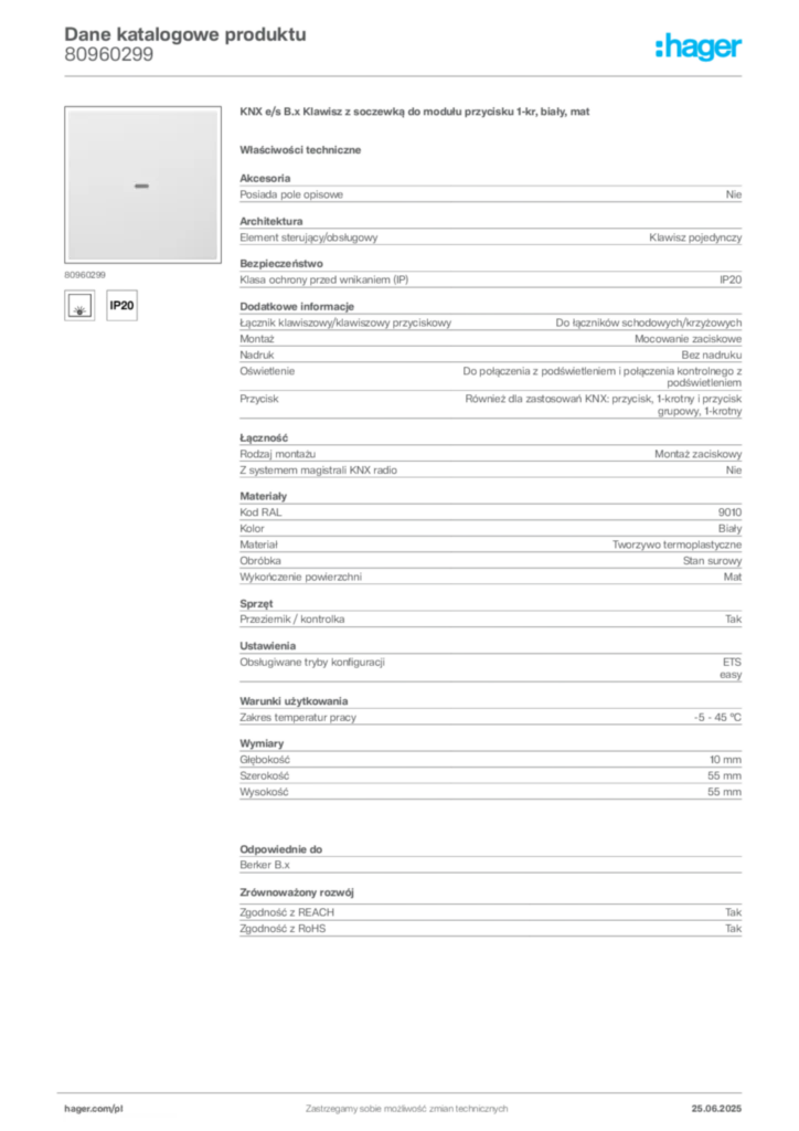 Zdjęcie Hager Dane katalogowe produktu 80960299 | Hager Polska