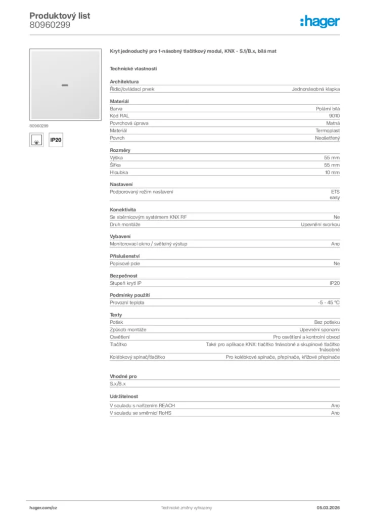 Obrázek Hager Product data sheet 80960299 | Hager
