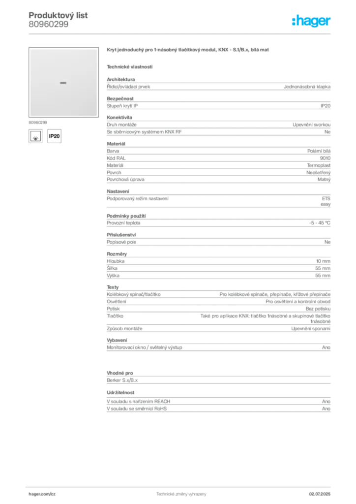 Obrázek Hager Produktový list 80960299 | Hager