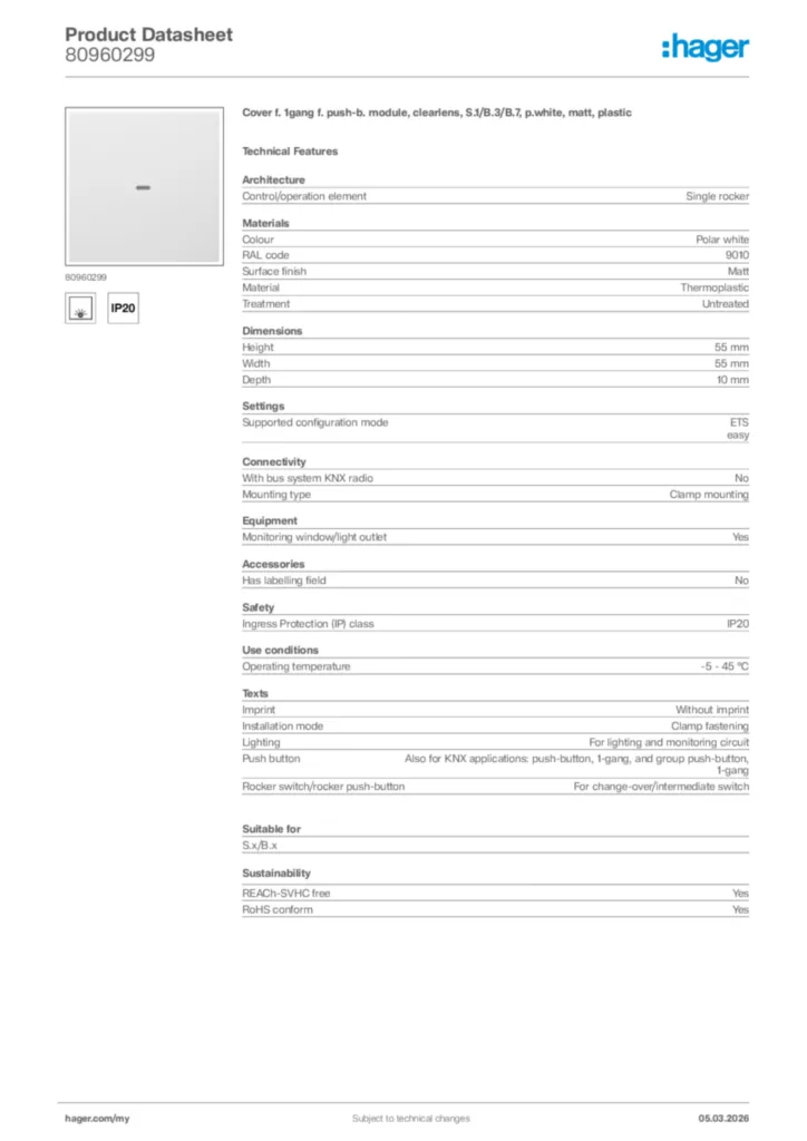 Image Hager Product data sheet 80960299  | Hager