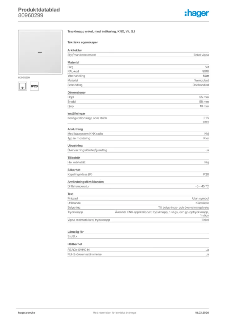Bild Hager Produktdatablad 80960299 | Hager Sverige