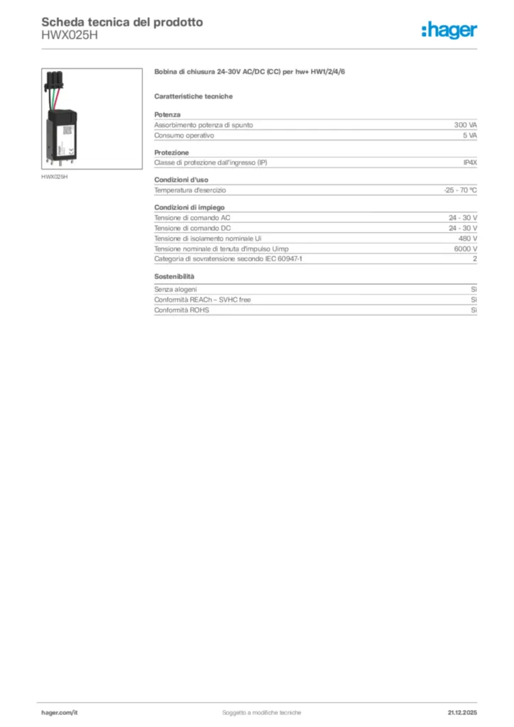 Immagine Hager Scheda tecnica del prodotto HWX025H | Hager Italia