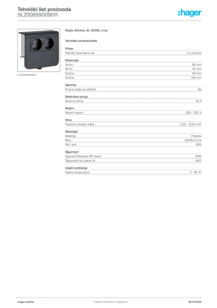 Slika Hager Product data sheet SL200559009011  | Hager