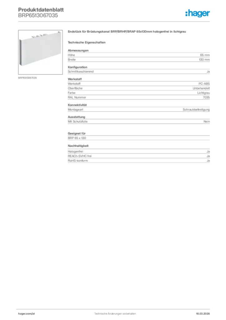 Bild Hager Produktdatenblatt BRP6513067035 | Hager Deutschland