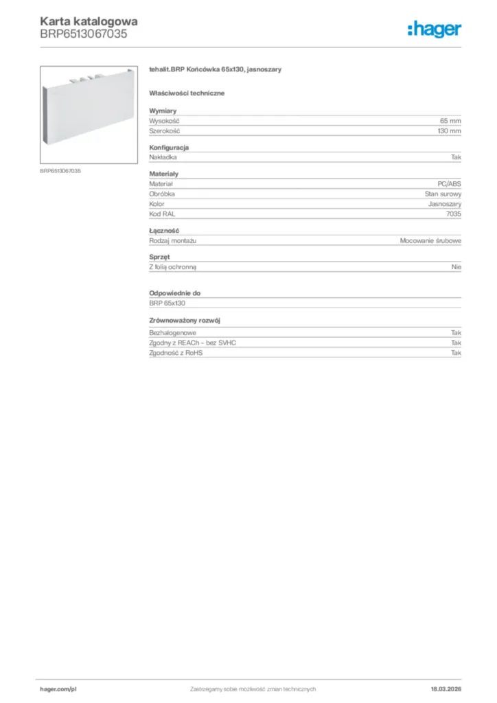 Zdjęcie Hager Karta katalogowa BRP6513067035 | Hager Polska