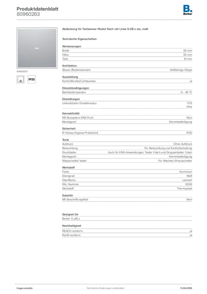 Bild Berker Produktdatenblatt 80960283 | Hager Deutschland