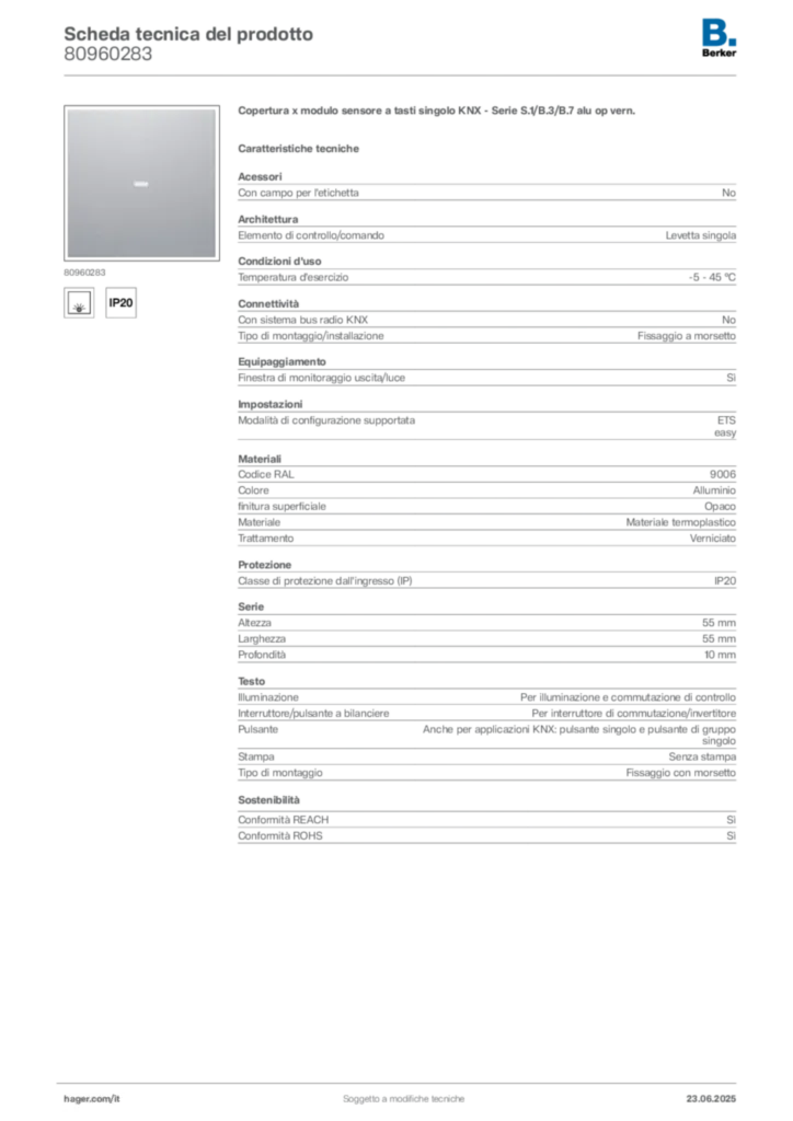 Immagine Berker Scheda tecnica del prodotto 80960283 | Hager Italia