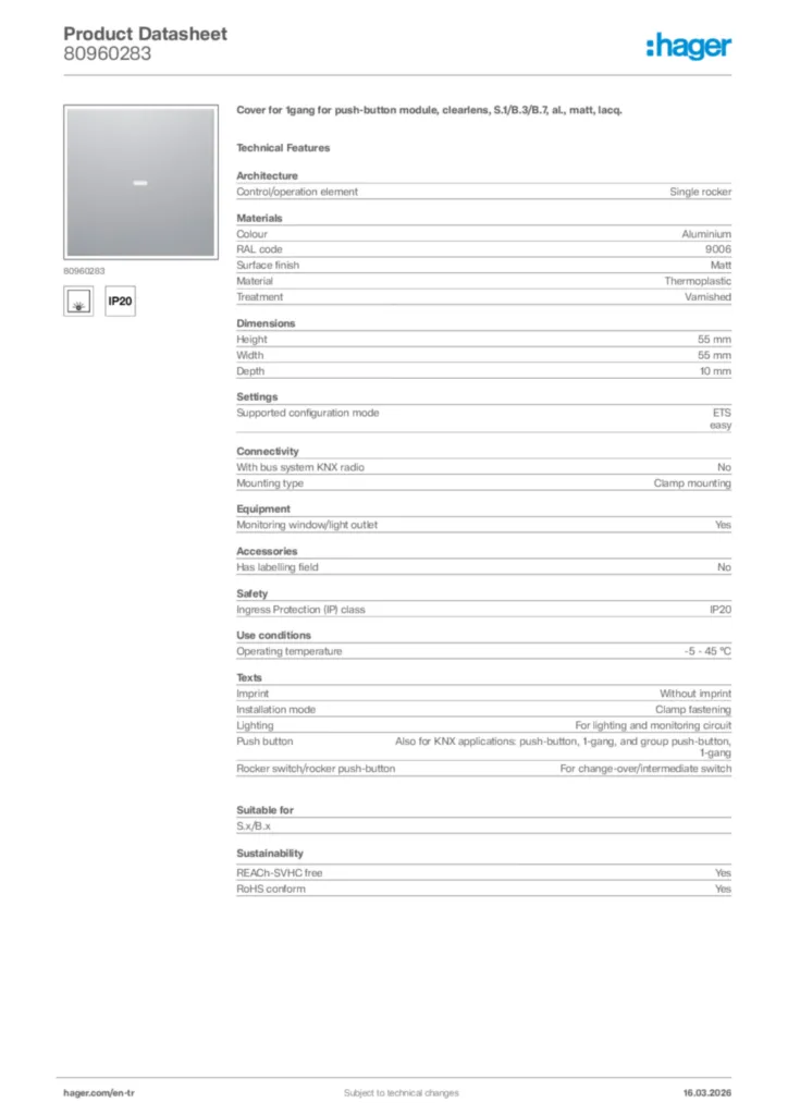 Image Hager Product data sheet 80960283  | Hager