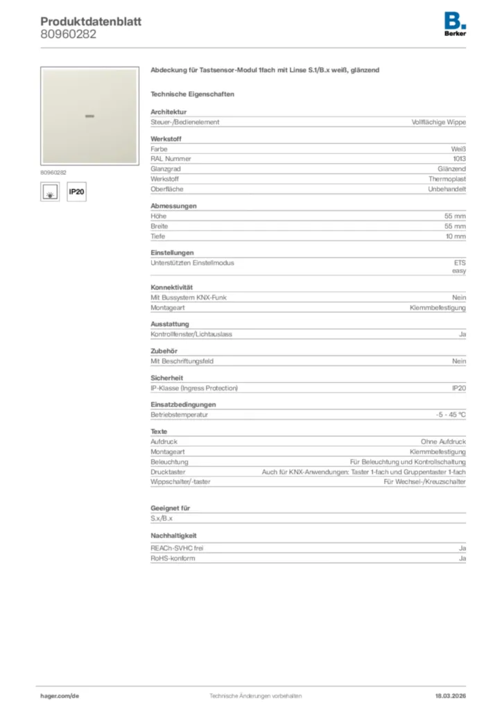 Bild Berker Produktdatenblatt 80960282 | Hager Deutschland