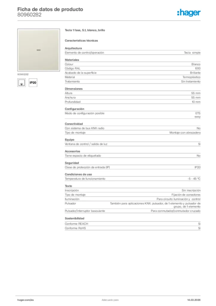 Imagen Hager Ficha de datos de producto 80960282 | Hager España