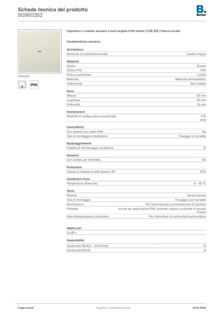 Immagine Berker Scheda tecnica del prodotto 80960282 | Hager Italia