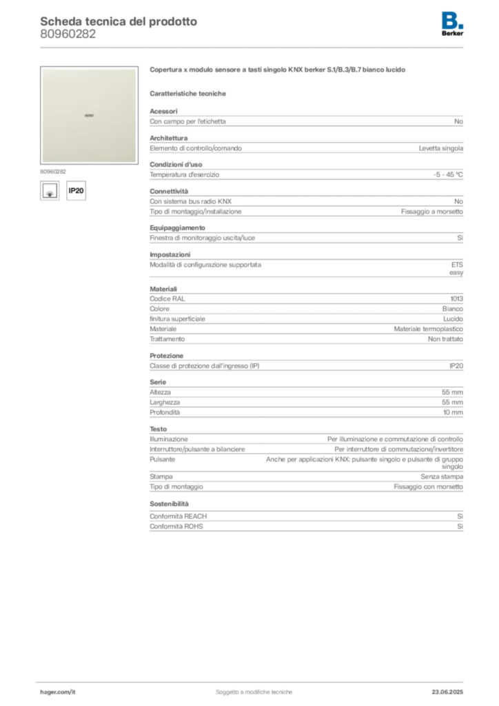 Immagine Berker Scheda tecnica del prodotto 80960282 | Hager Italia