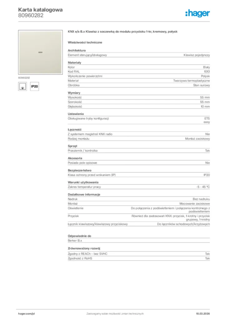 Zdjęcie Hager Karta katalogowa 80960282 | Hager Polska