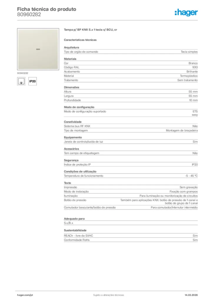 Imagem Hager Ficha técnica do produto 80960282 | Hager Portugal