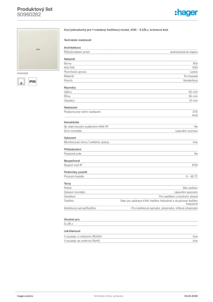 Obrázek Hager Product data sheet 80960282 | Hager