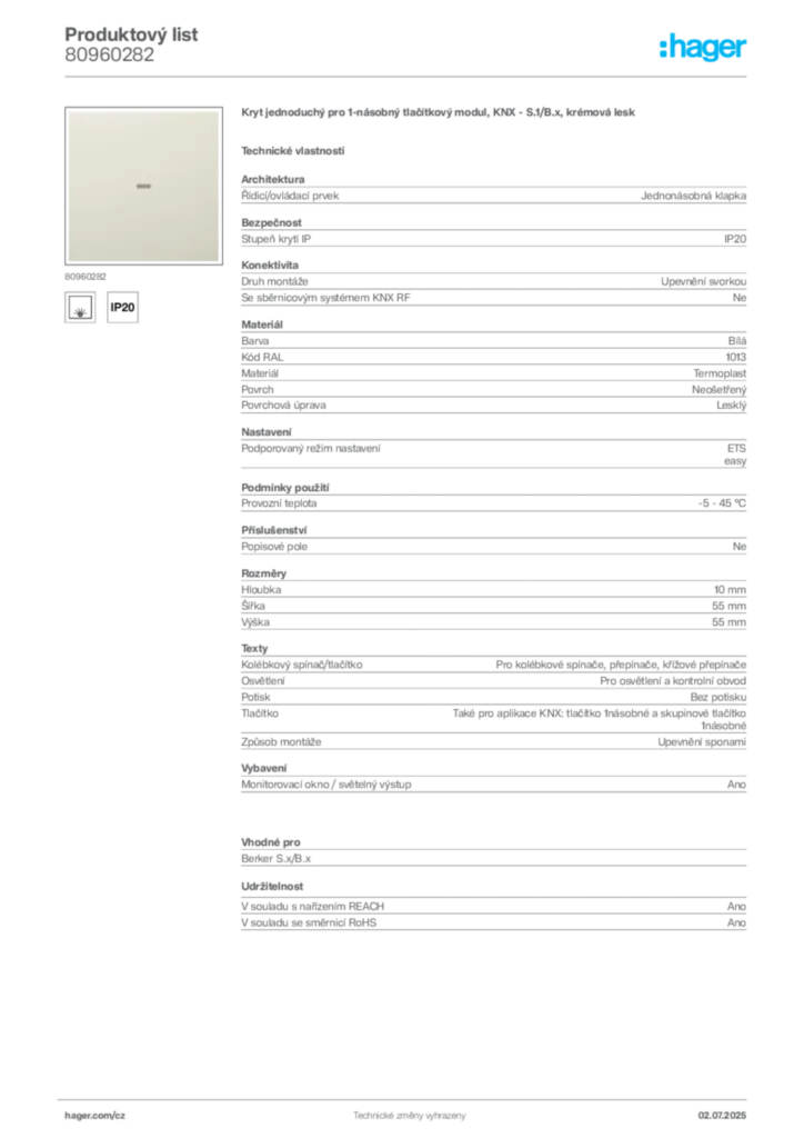 Obrázek Hager Produktový list 80960282 | Hager