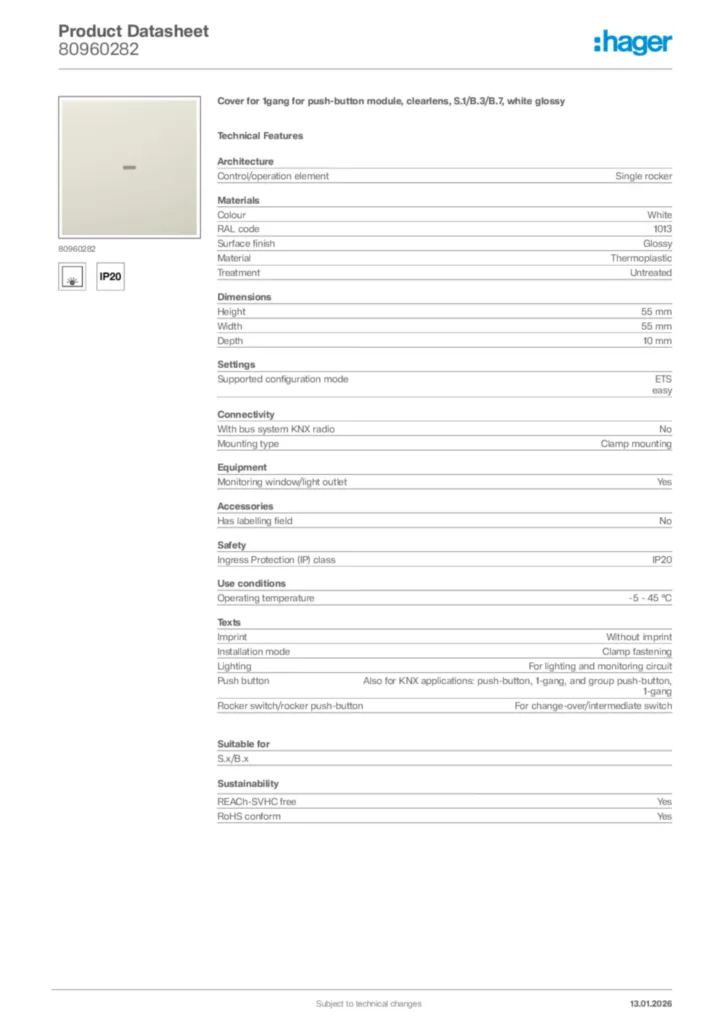 Image Hager Product data sheet 80960282  | Hager