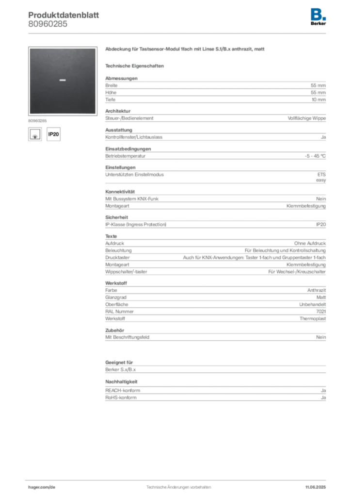 Bild Berker Produktdatenblatt 80960285 | Hager Deutschland