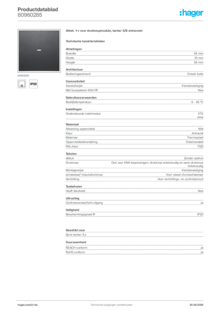 Afbeelding Hager Productdatablad 80960285 | Hager Belgium