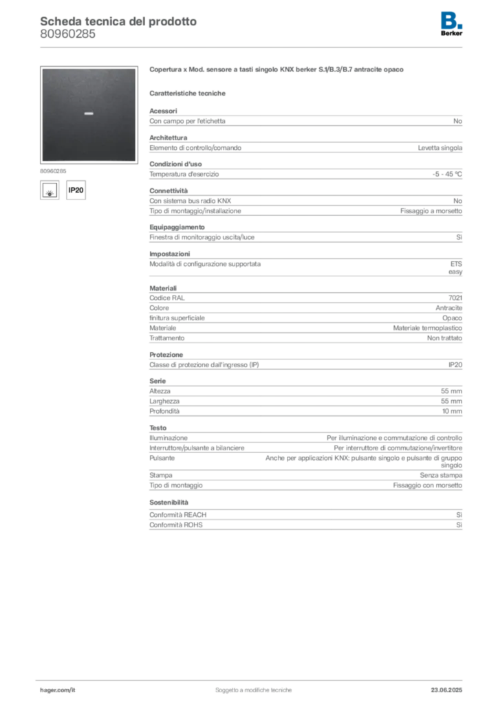 Immagine Berker Scheda tecnica del prodotto 80960285 | Hager Italia