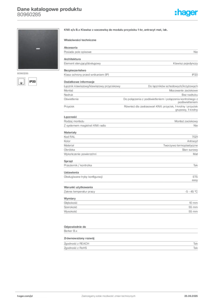 Zdjęcie Hager Dane katalogowe produktu 80960285 | Hager Polska