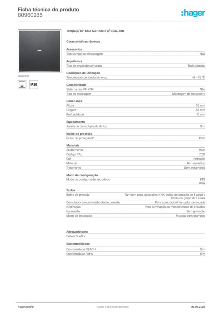 Imagem Hager Ficha técnica do produto 80960285 | Hager Portugal