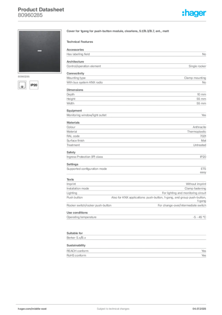 Image Hager Product data sheet 80960285  | Hager