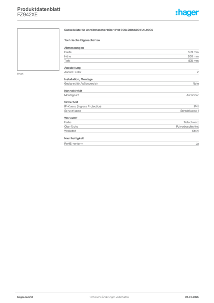 Bild Hager Produktdatenblatt FZ942XE | Hager Deutschland