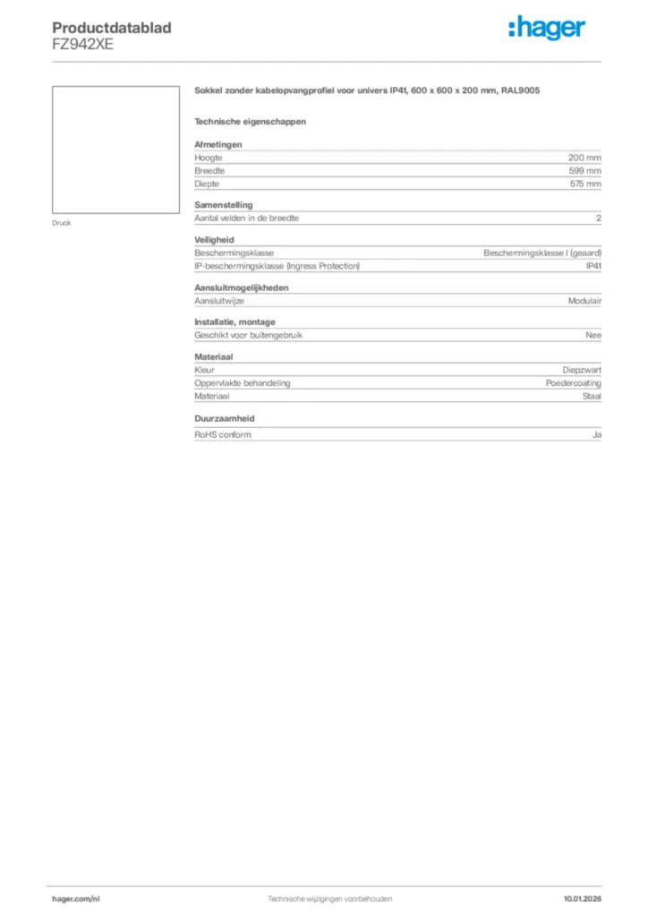 Afbeelding Hager Productdatablad FZ942XE | Hager Nederland