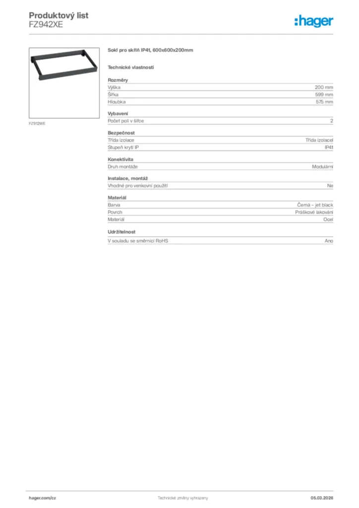 Obrázek Hager Product data sheet FZ942XE | Hager
