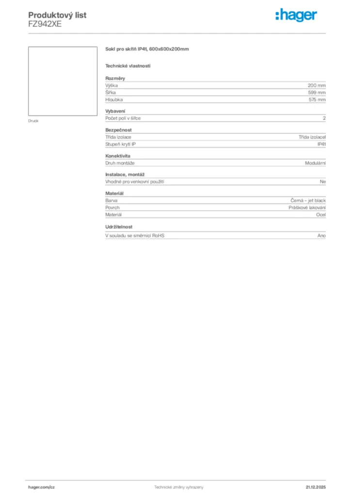 Obrázek Hager Produktový list FZ942XE | Hager