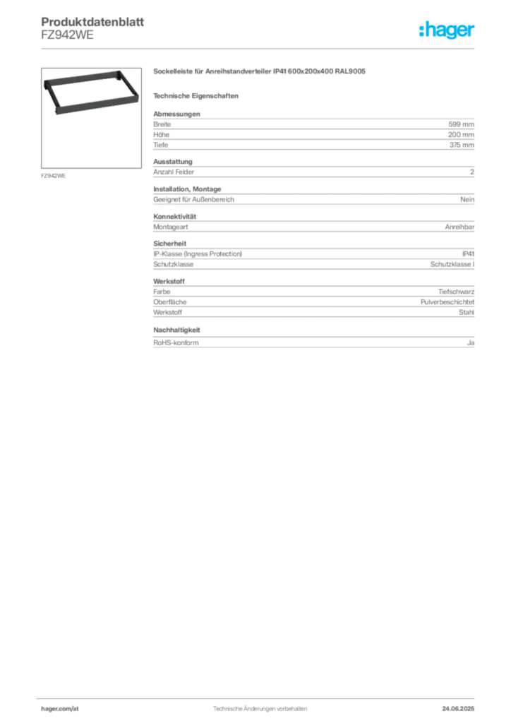 Bild Hager Produktdatenblatt FZ942WE | Hager Deutschland
