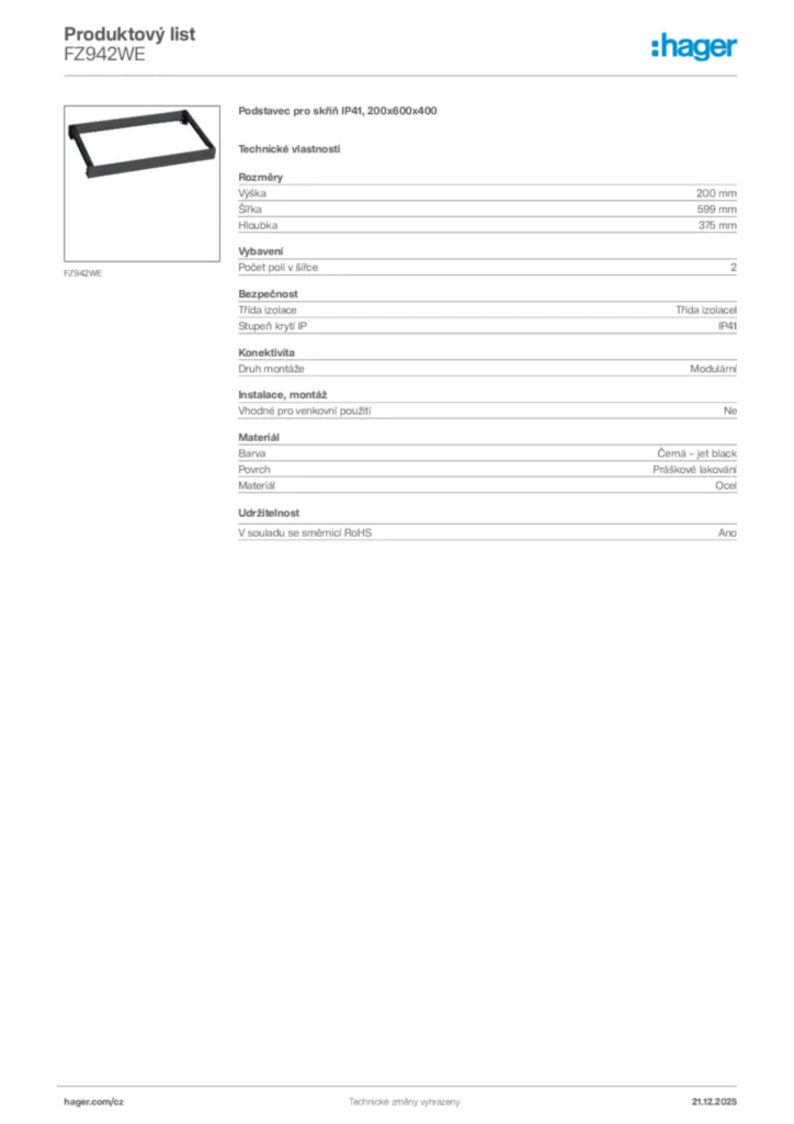 Obrázek Hager Produktový list FZ942WE | Hager