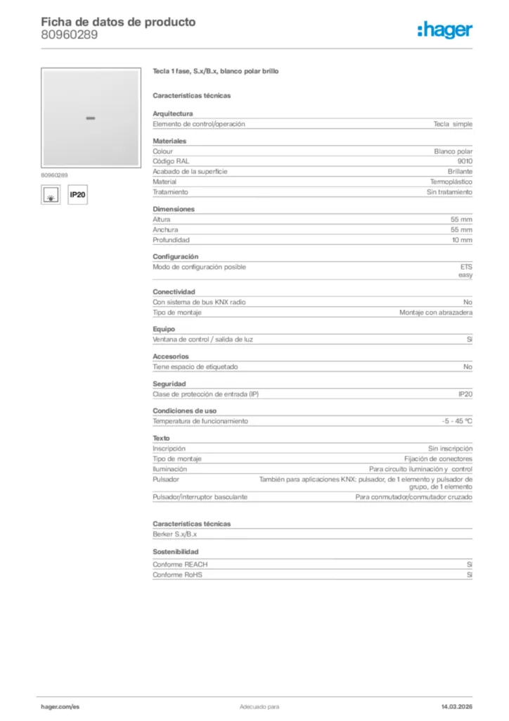 Imagen Hager Ficha de datos de producto 80960289 | Hager España