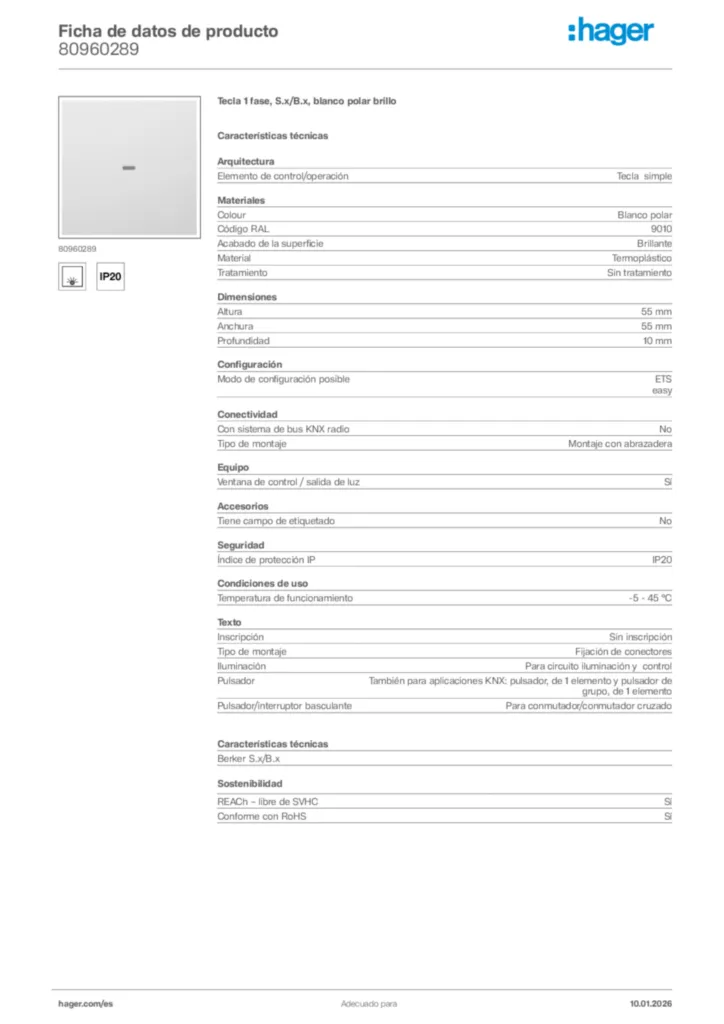 Imagen Hager Ficha de datos de producto 80960289 | Hager España