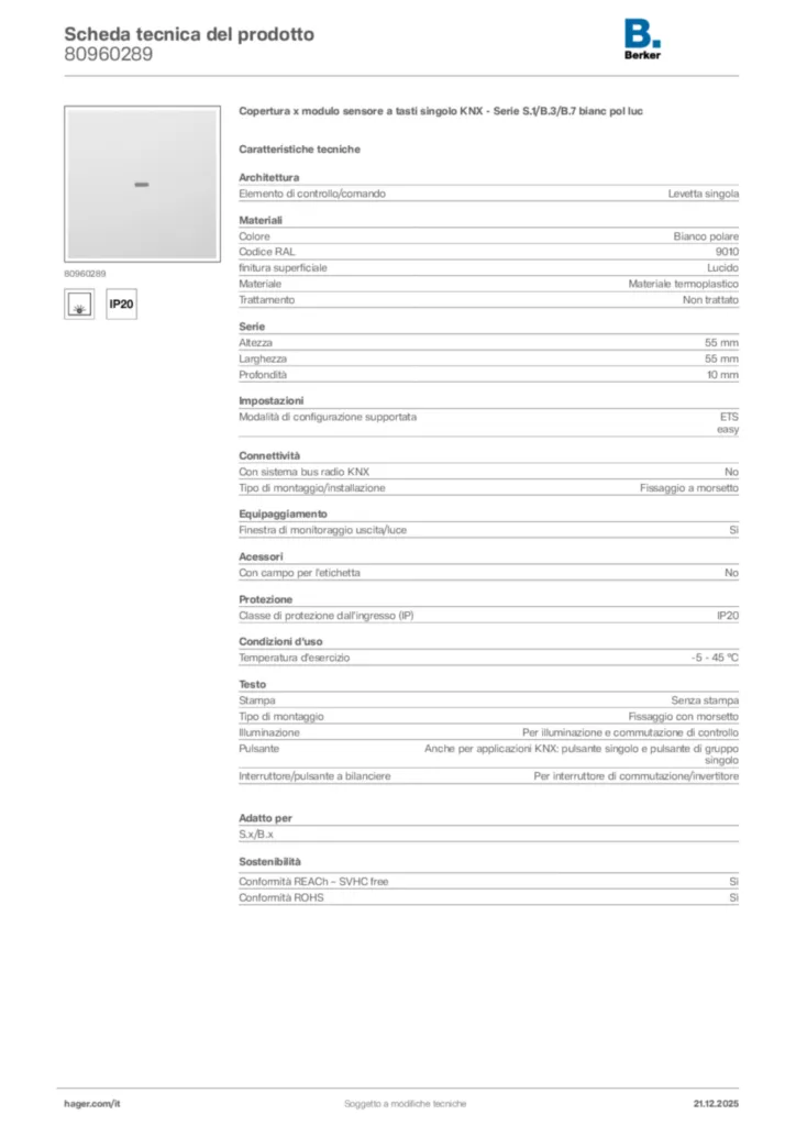 Immagine Berker Scheda tecnica del prodotto 80960289 | Hager Italia
