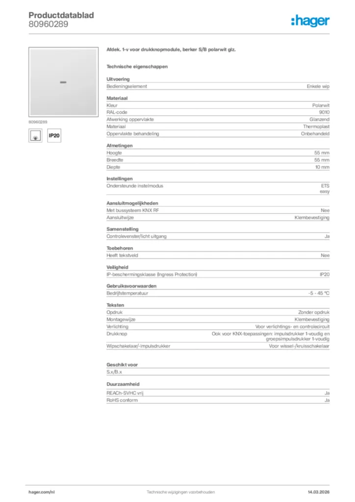 Afbeelding Hager Productdatablad 80960289 | Hager Nederland