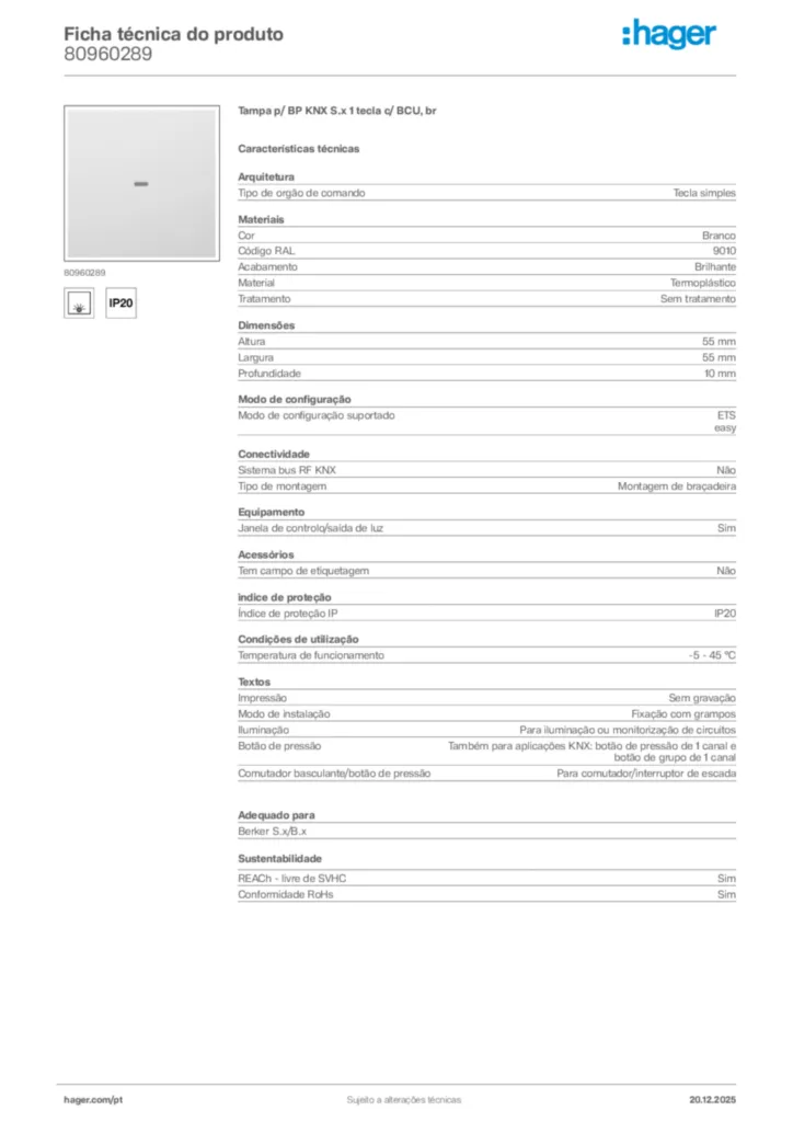 Imagem Hager Ficha técnica do produto 80960289 | Hager Portugal