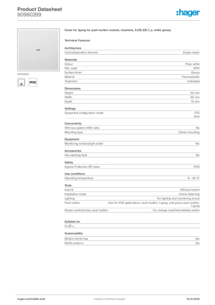 Image Hager Product data sheet 80960289  | Hager